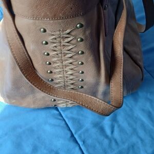 Lucky Brand Tan Leather Logo Clutch with Brass Studs